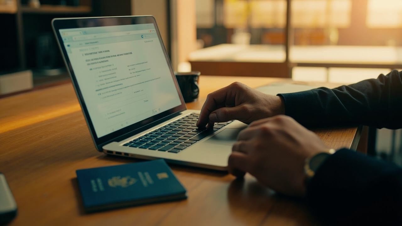 Close-up over the shoulder of an American applicant choosing a visa class on a laptop form with a blue US passport open beside it