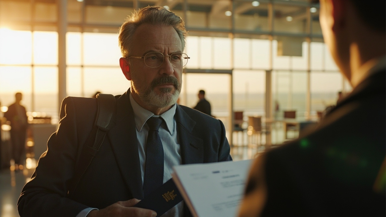 American business traveler calmly presenting an open blue US passport and a folded printout at a soft-focus airport immigration counter at golden hour
