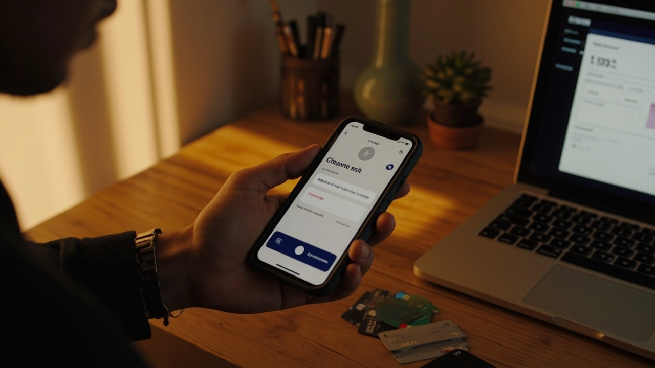 American traveler paying with a digital wallet on a smartphone beside a laptop checkout, several cards fanned out on a warm desk at golden hour