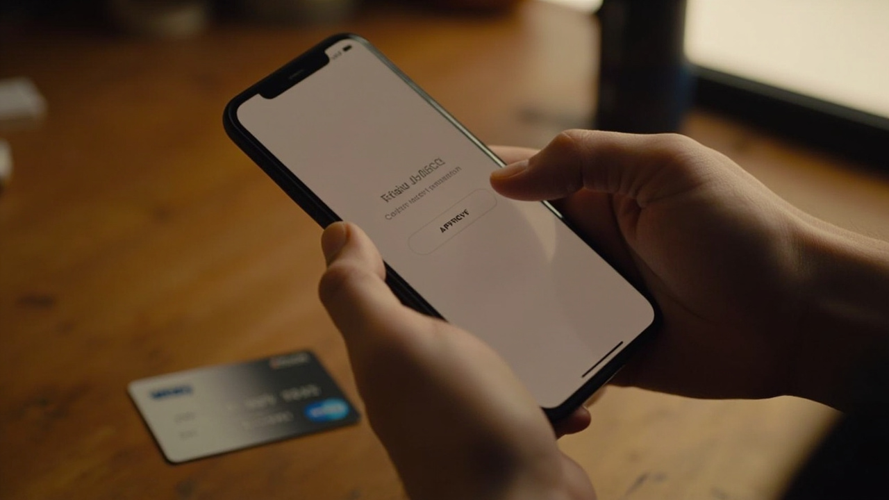 Close-up of a smartphone showing a generic bank fraud-alert notification asking to confirm a transaction, held over a warm wooden desk beside a credit card