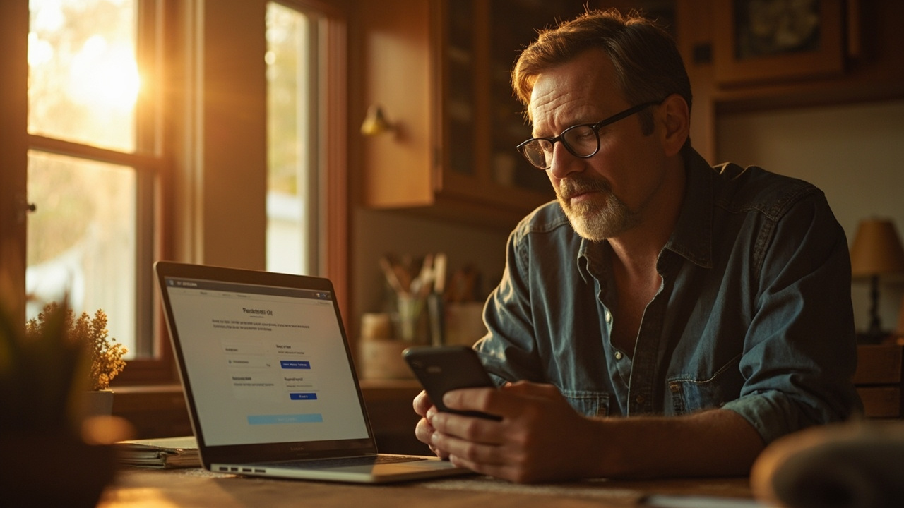 American traveler calmly retrying a payment on a laptop checkout at a warm desk, phone set down beside the keyboard after approving the bank alert