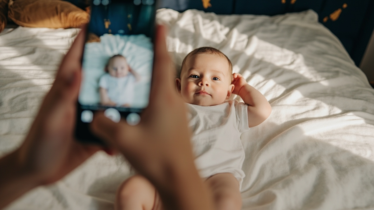Parent shooting an overhead passport-style photo of a baby lying on a plain white blanket using a smartphone
