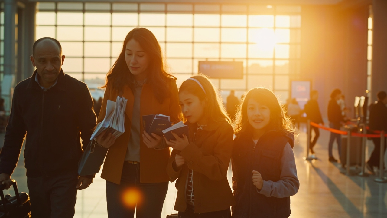 American family of four arriving calmly at a soft-focus airport with passports and folded printouts in hand at golden hour