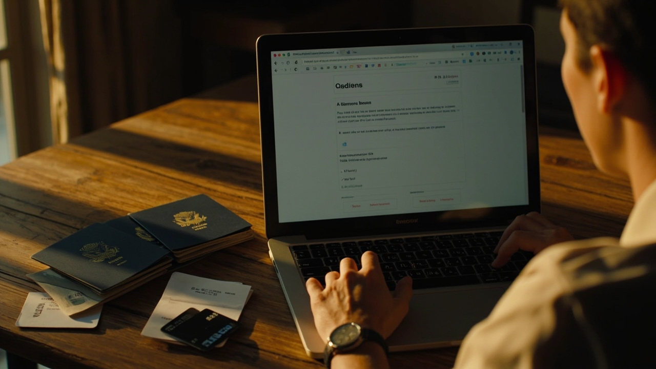 American parent at a laptop completing back-to-back family eVisa applications with passports and printed photos arranged beside the keyboard