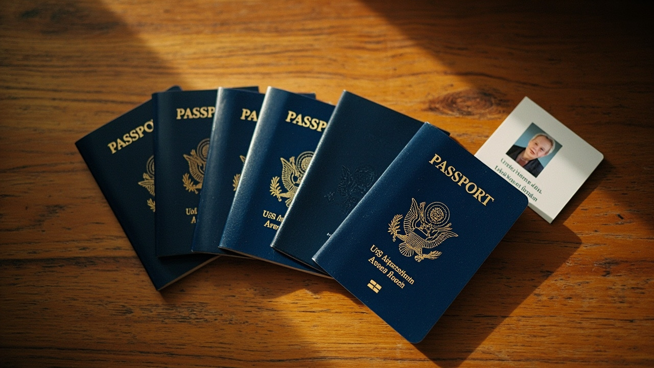 Overhead flat-lay of four blue US passports of different sizes fanned out on a warm wooden table, representing a family of four