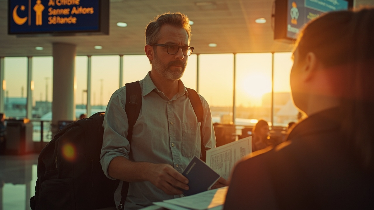 American traveler calmly presenting an open blue passport and a folded printout at a soft-focus airport immigration counter at golden hour