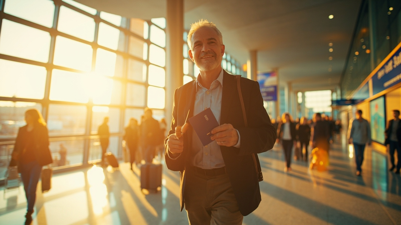 American traveler walking through a bright modern airport terminal arrivals hall at golden hour, blue US passport in hand