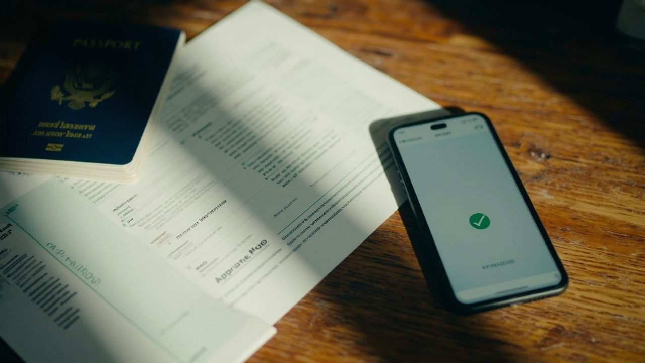 Close-up of a blue US passport resting on a folded A4 printout on a warm wooden desk, smartphone showing a soft approval screen beside it