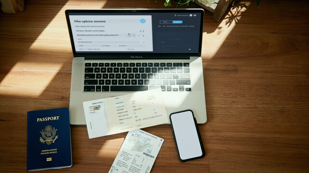 Overhead view of a laptop showing a Cambodia eVisa form with a port-of-entry dropdown, a blue US passport and a boarding pass beside it on a warm desk