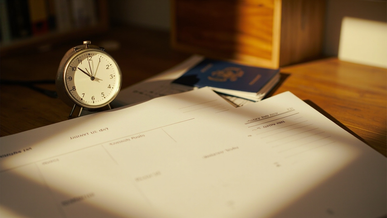 A simple analog desk clock on a warm wooden table beside a paper week planner with weekend days shaded, in golden-hour light