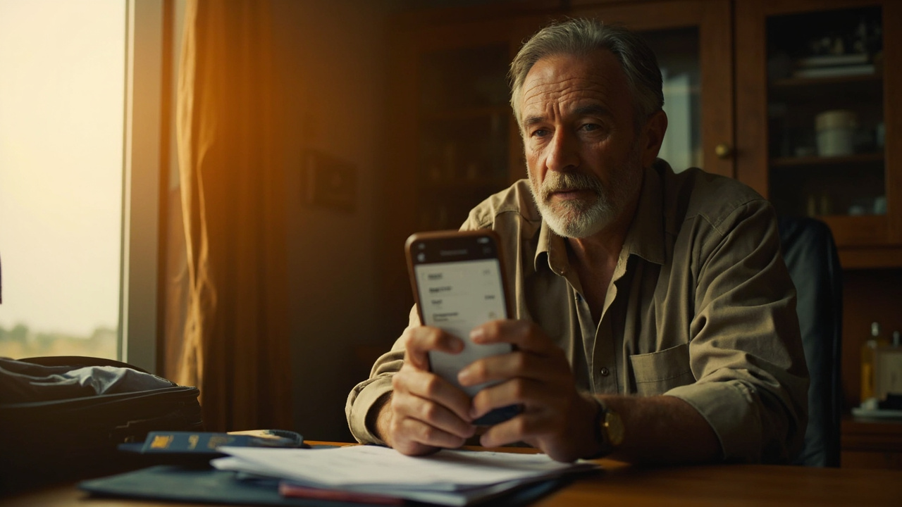American traveler holding a smartphone with a generic reminder UI beside a printed PDF and blue US passport on a warm desk a week before a trip