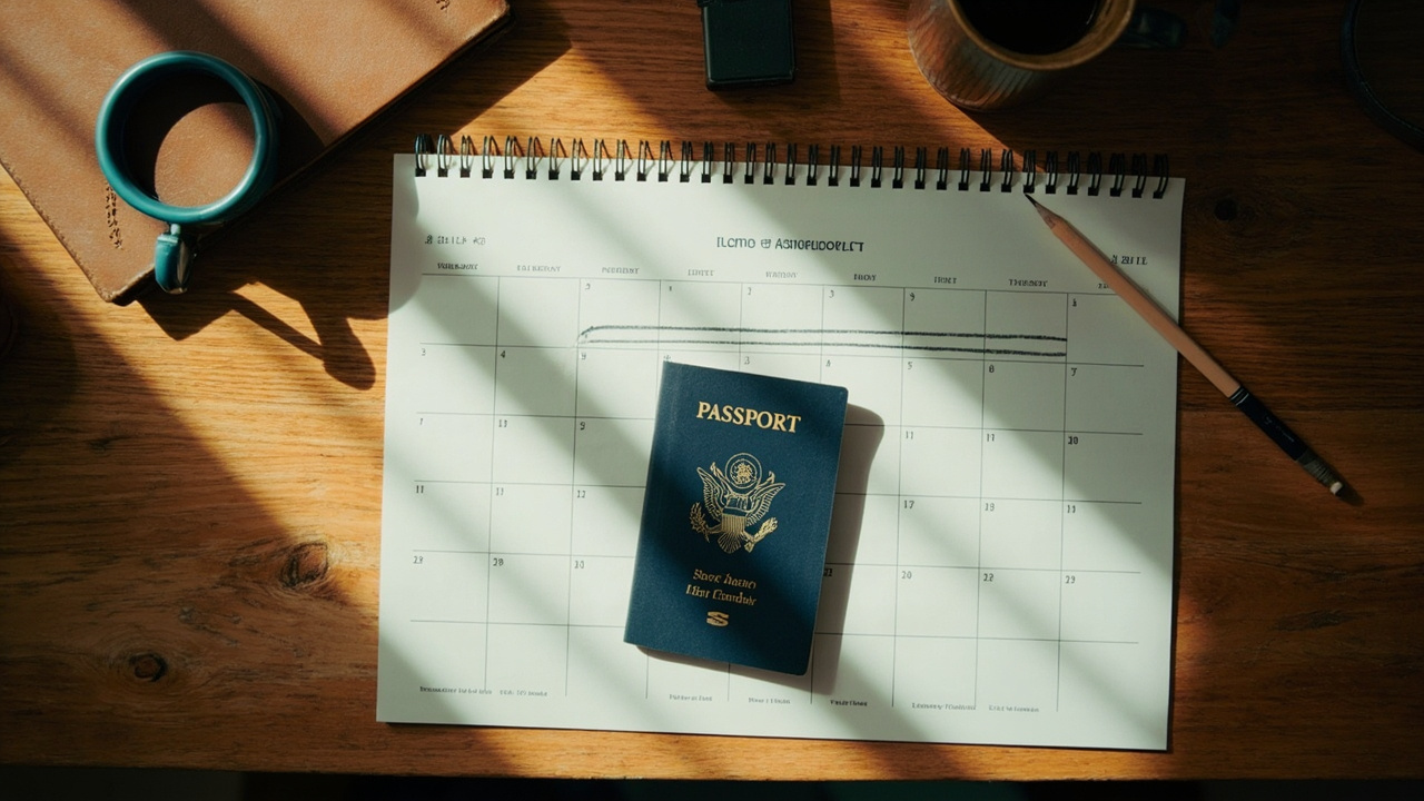 Overhead view of a blue US passport on a warm wooden desk beside a paper calendar with a three-month span lightly marked
