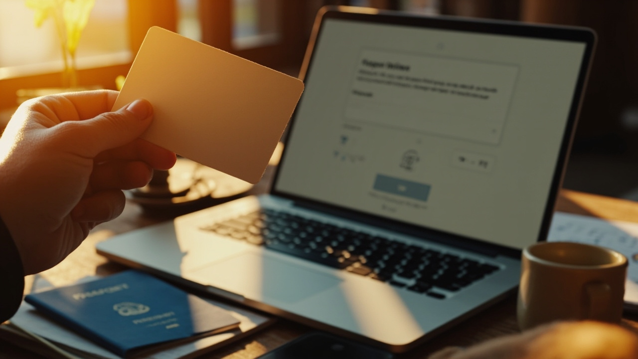 A plain unbranded credit card held over an open laptop showing a generic secure checkout screen on a warm wooden desk at golden hour, blue US passport beside it