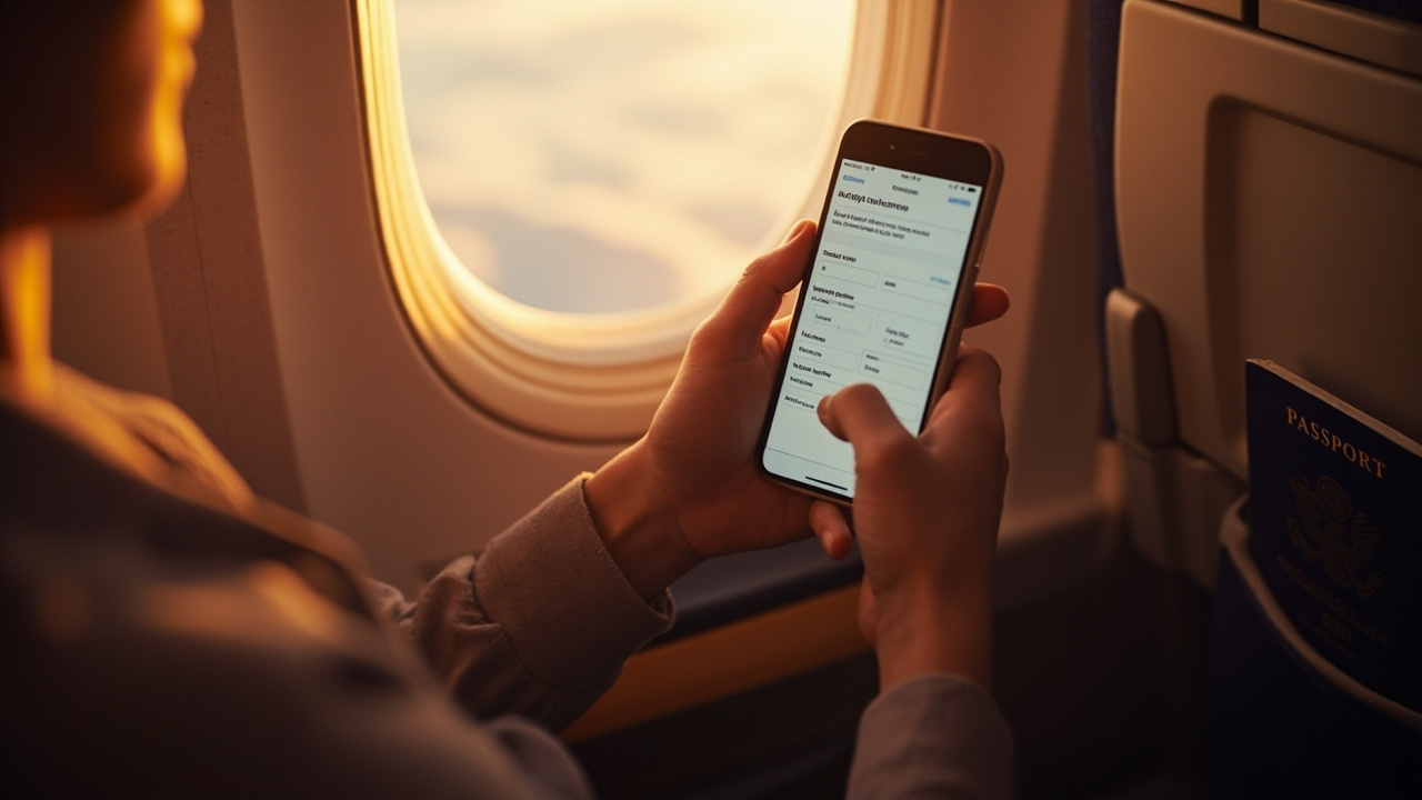American traveler's hands holding a smartphone showing a generic arrival-form UI beside an airplane window glowing at golden hour