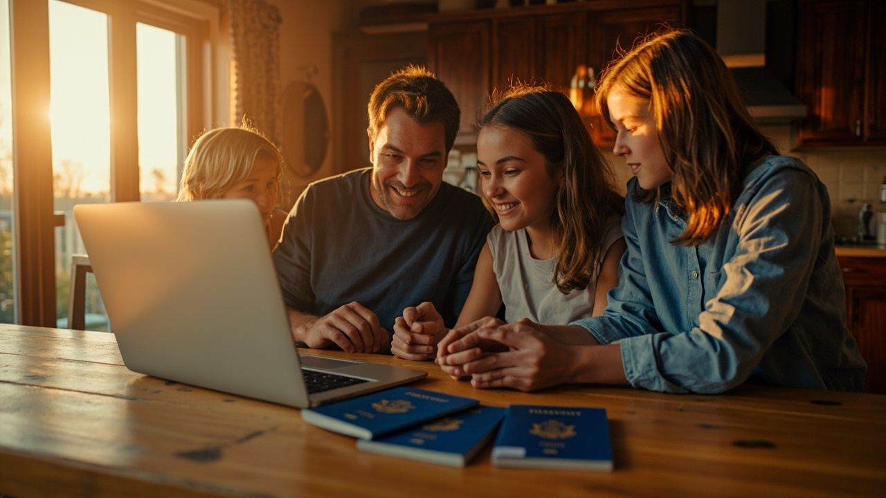 American family of four at a sunlit home table with four blue US passports fanned out and a parent budgeting on a laptop at golden hour