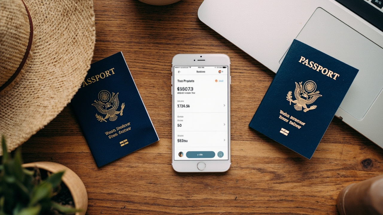 Overhead flat-lay of two blue US passports on a warm wooden desk, one beside a straw sun hat and one beside a slim laptop, a smartphone showing a generic price screen between them