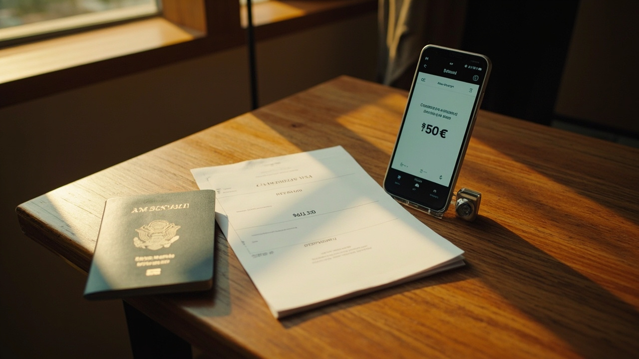 American blue passport beside a printed Cambodia Tourist eVisa PDF and a phone showing a clean USD price total on a warm wooden desk at golden hour