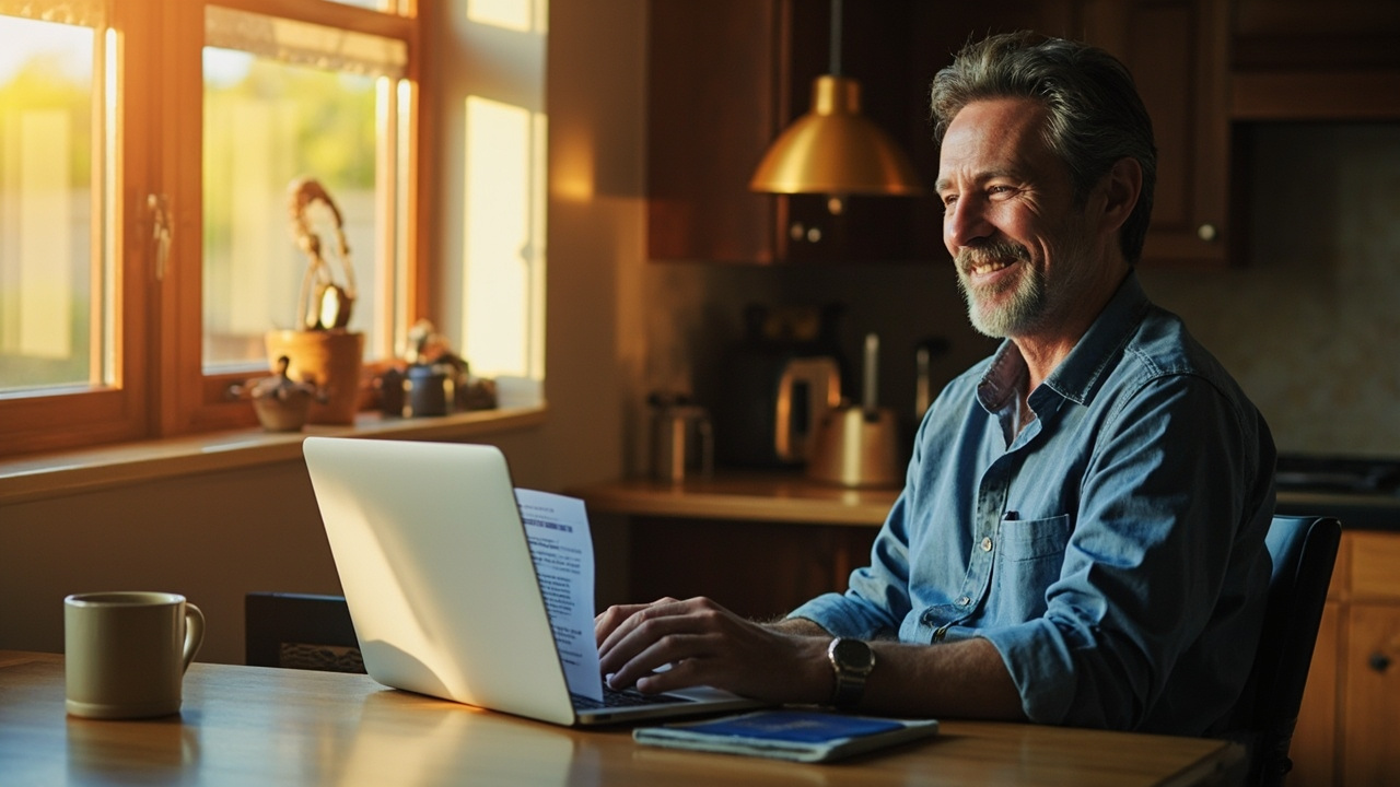 American traveler at a sunlit kitchen table opening an approved Cambodia eVisa PDF on a laptop beside a blue US passport and a cup of coffee