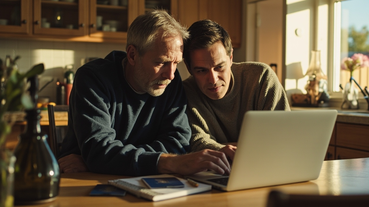 American couple at a sunlit dining table planning a Cambodia trip together over a laptop and two blue US passports