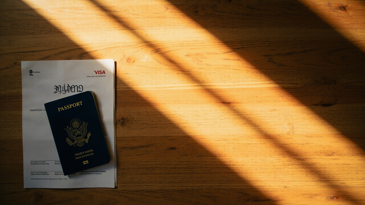 Overhead flat-lay of a blue American passport and a folded eVisa printout on a warm wooden desk with clean empty negative space where bookings would otherwise sit
