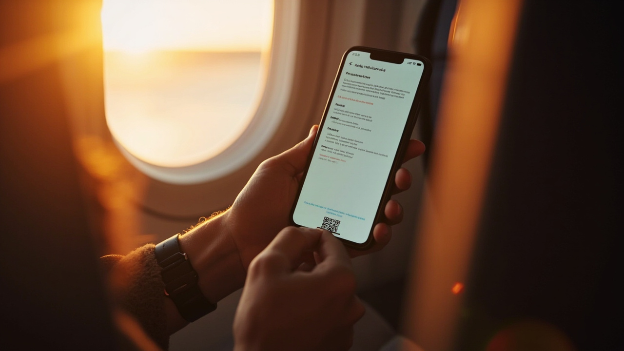 Close-up of a smartphone held in hand showing a generic pre-arrival form UI with a QR code, an airplane window with golden light in the background