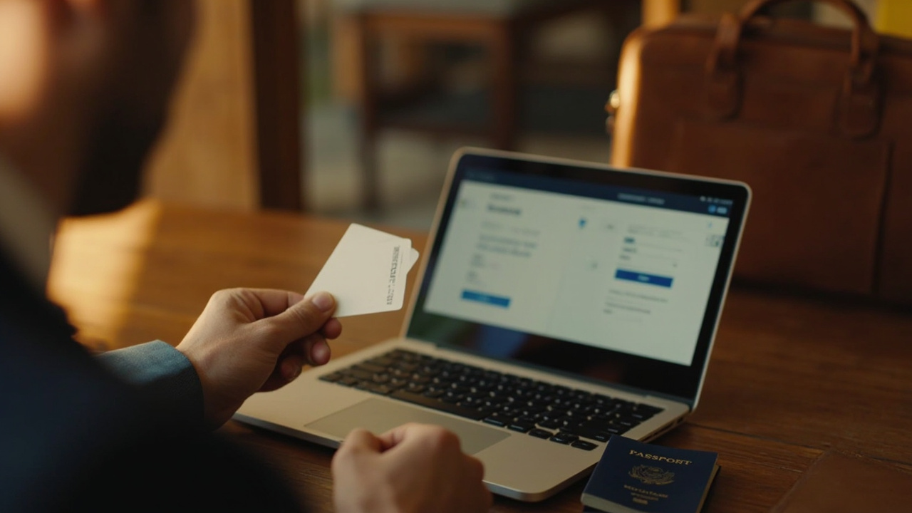 American business traveler holding a generic corporate card at an open laptop checkout screen on a warm wooden desk at golden hour