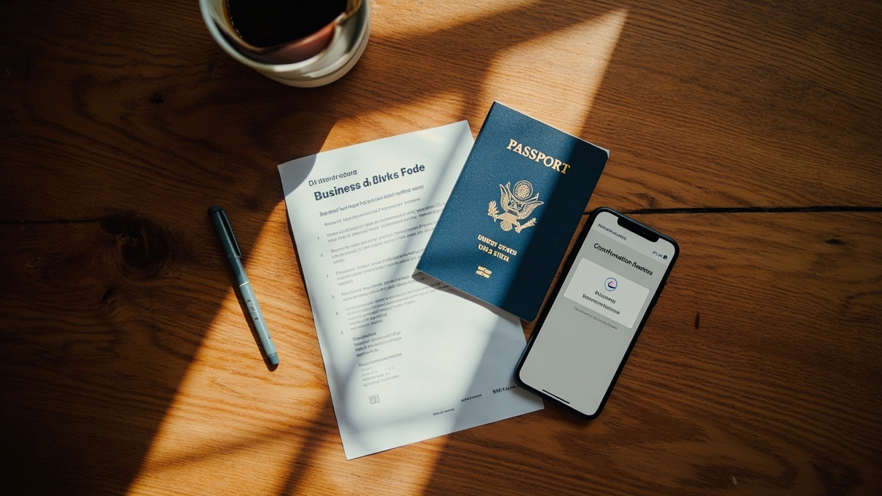 Overhead desk flat-lay of a blue US passport, a folded A4 printout, and a smartphone showing a generic confirmation screen on a warm wooden surface