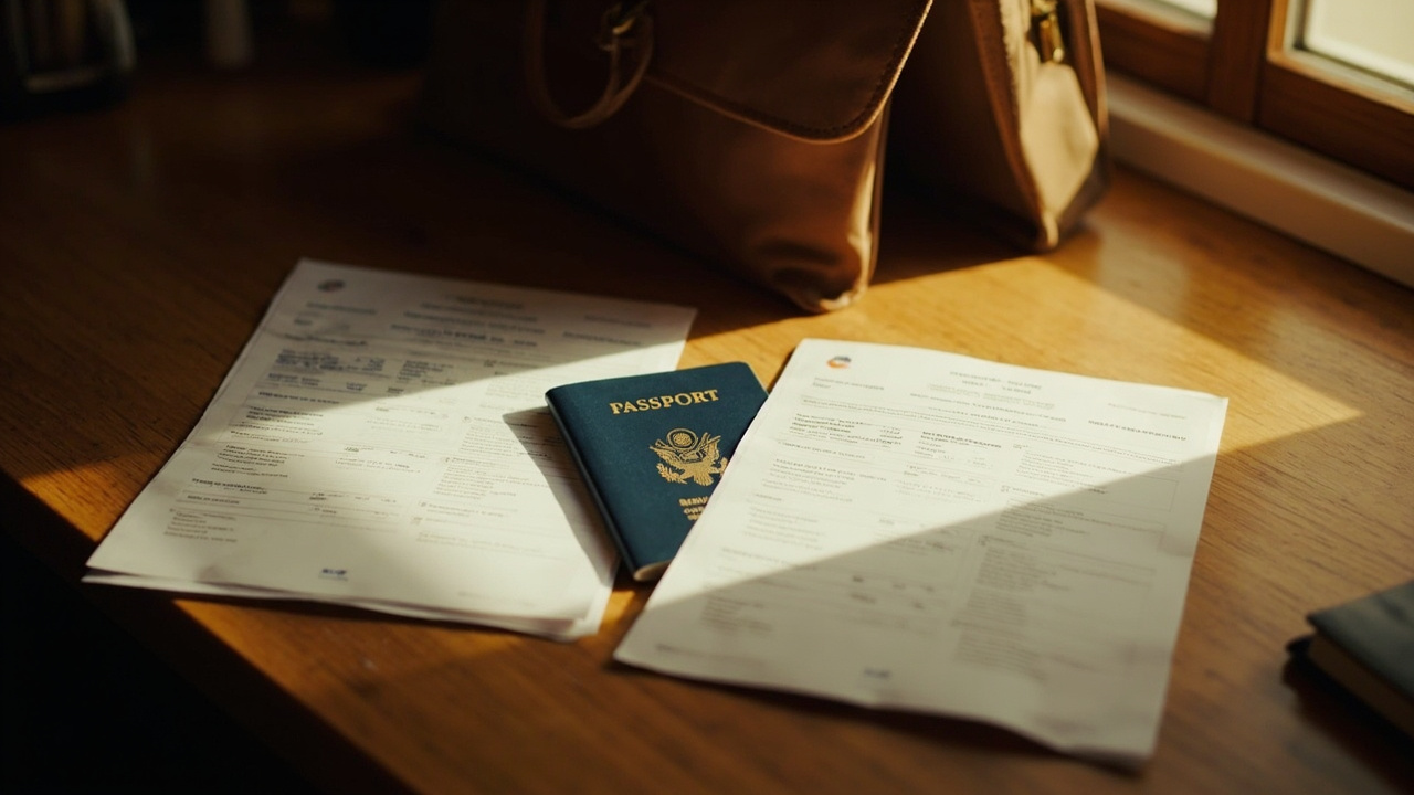 Two folded travel printouts side by side on a warm wooden desk beside a blue US passport, suggesting a tourist versus business visa comparison
