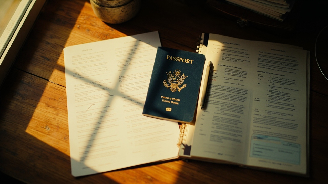 Two clean printed travel documents laid side by side on a warm wooden desk beside a blue US passport, one labelled area slightly fuller than the other