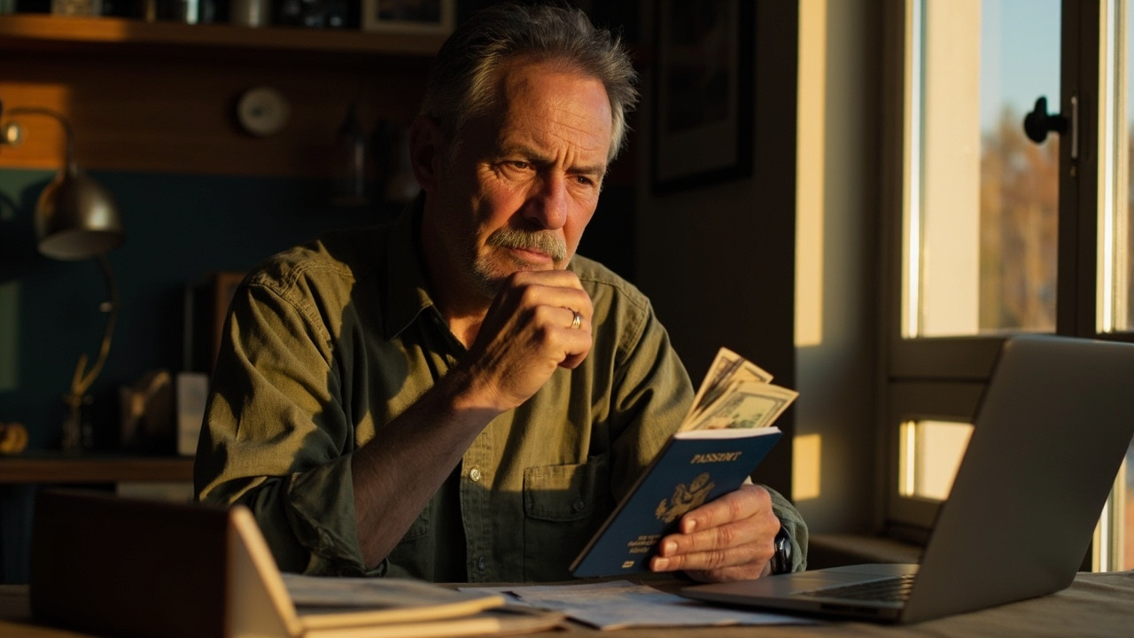 American traveler in their forties pausing thoughtfully at a sunlit home desk with a blue US passport and a single ten-dollar bill in hand