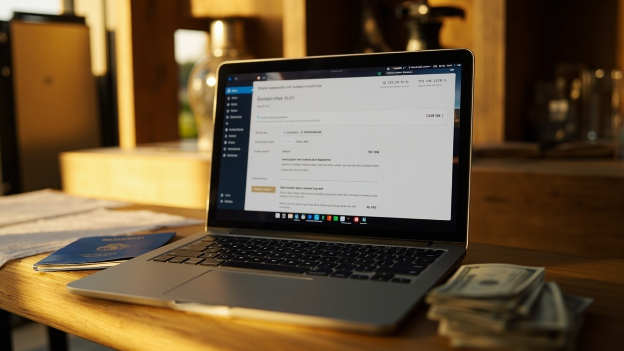 Open laptop showing a generic checkout screen on a warm wooden desk beside a blue US passport, a credit card, and a small stack of dollar bills