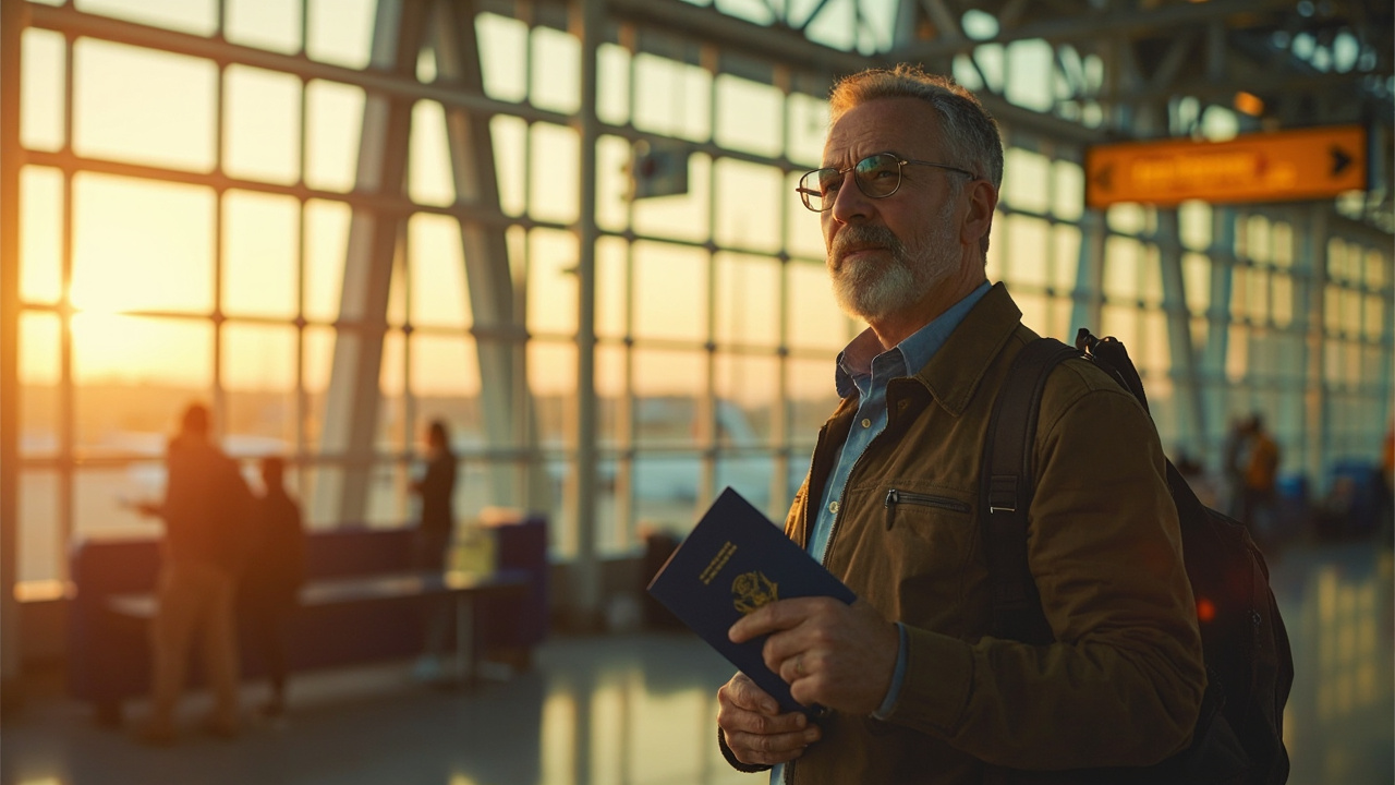 American traveler with a backpack standing calmly and decisively at a soft-focus airport window at golden hour, holding a blue US passport