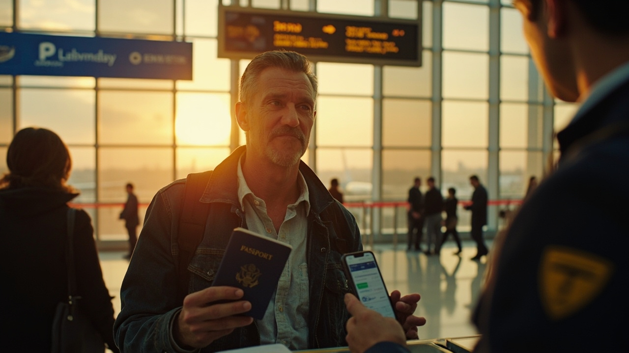 American traveler calmly presenting a blue US passport and a phone confirmation at a soft-focus airport immigration desk at golden hour