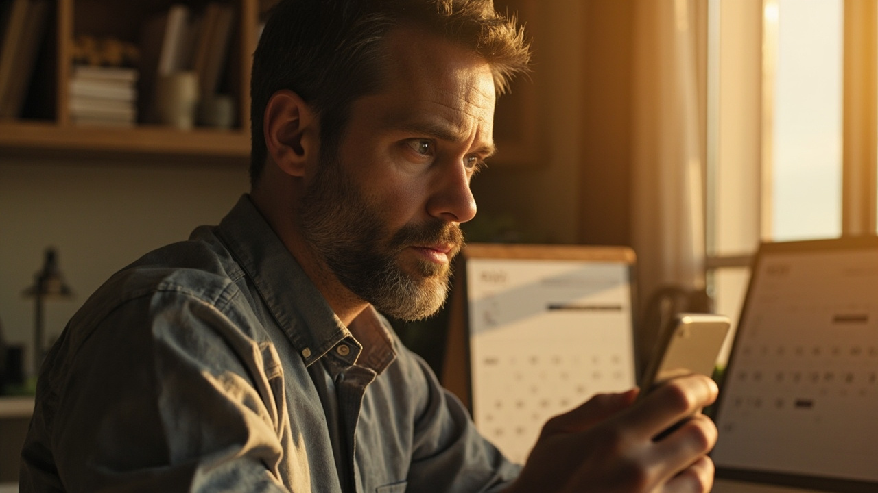 American traveler at a sunlit home desk checking a wall calendar beside a smartphone, planning the timing of a pre-arrival form