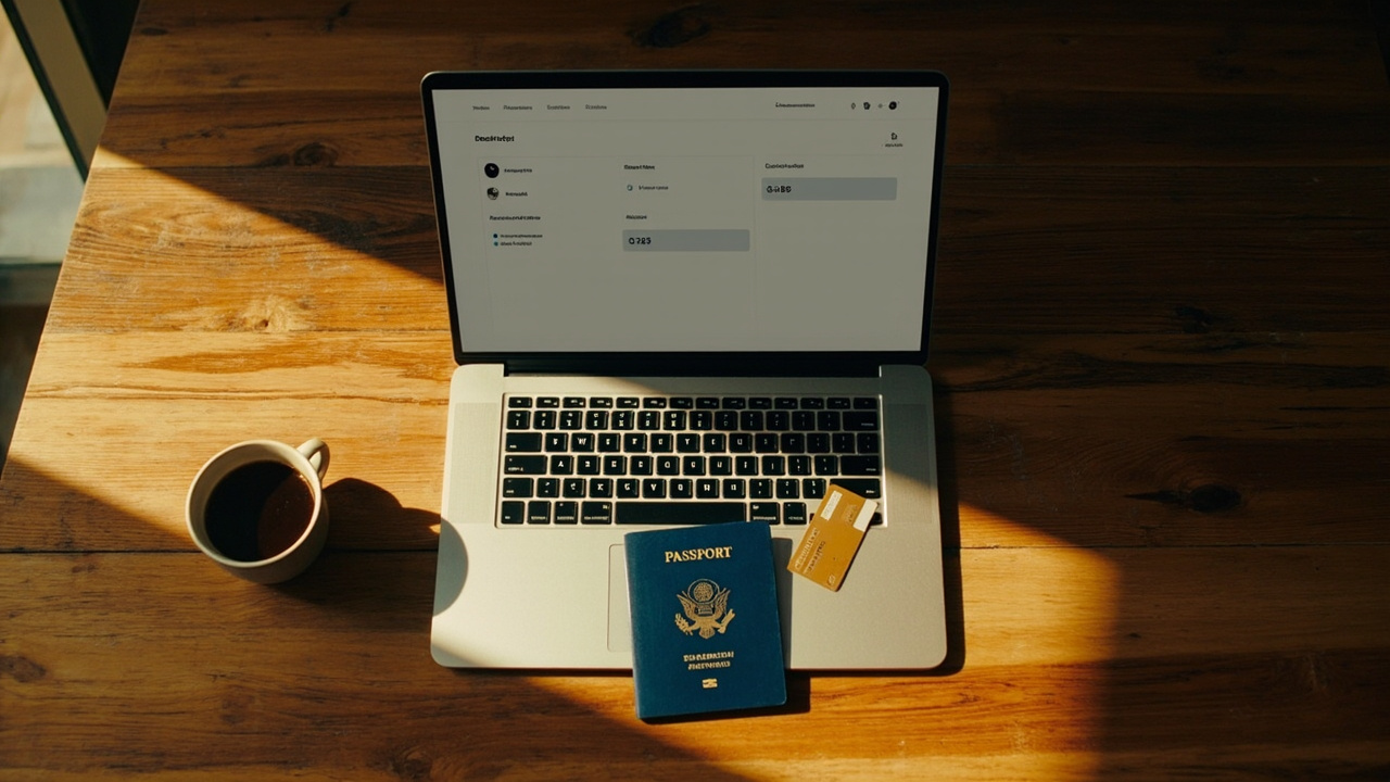 Overhead desk scene with a blue US passport, an open laptop showing a generic checkout screen, and a single payment card on a warm wooden desk