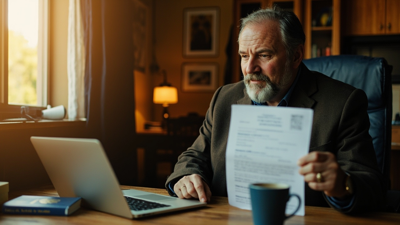American traveler at a sunlit home desk holding a freshly printed eVisa page beside an open laptop and a blue US passport