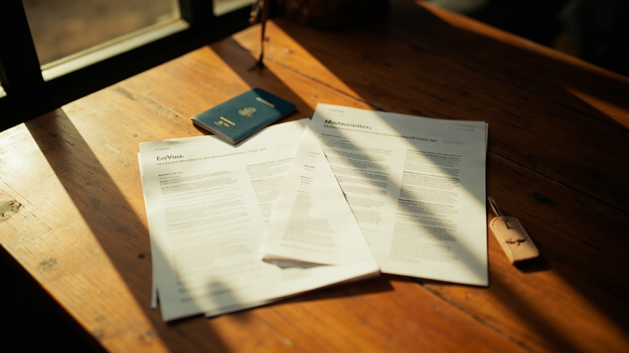 Two printed eVisa pages side by side on a warm wooden desk beside a blue US passport and a small leather briefcase tag, lit at golden hour