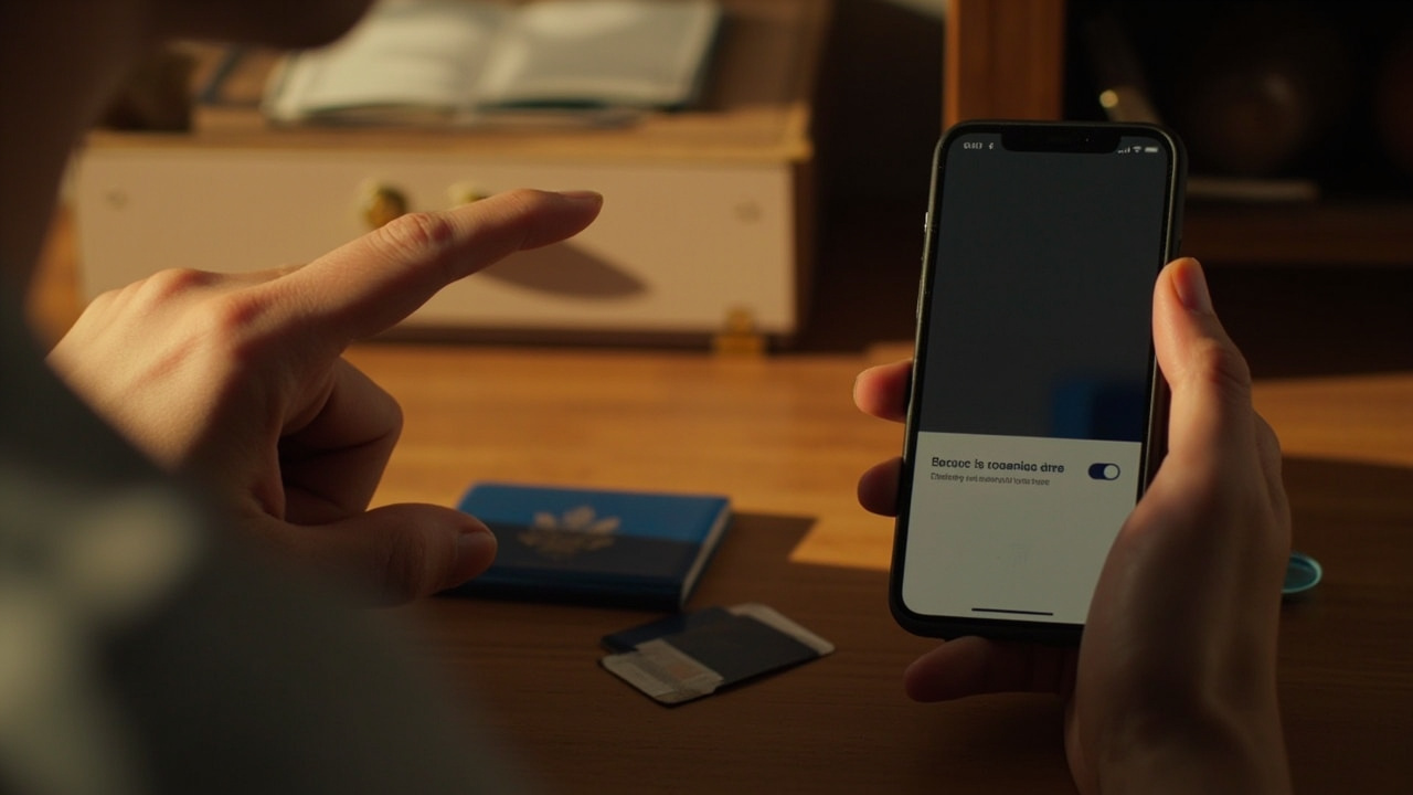 American traveler tapping a clean generic banking-app travel-notice toggle on a smartphone beside a passport and card at golden hour