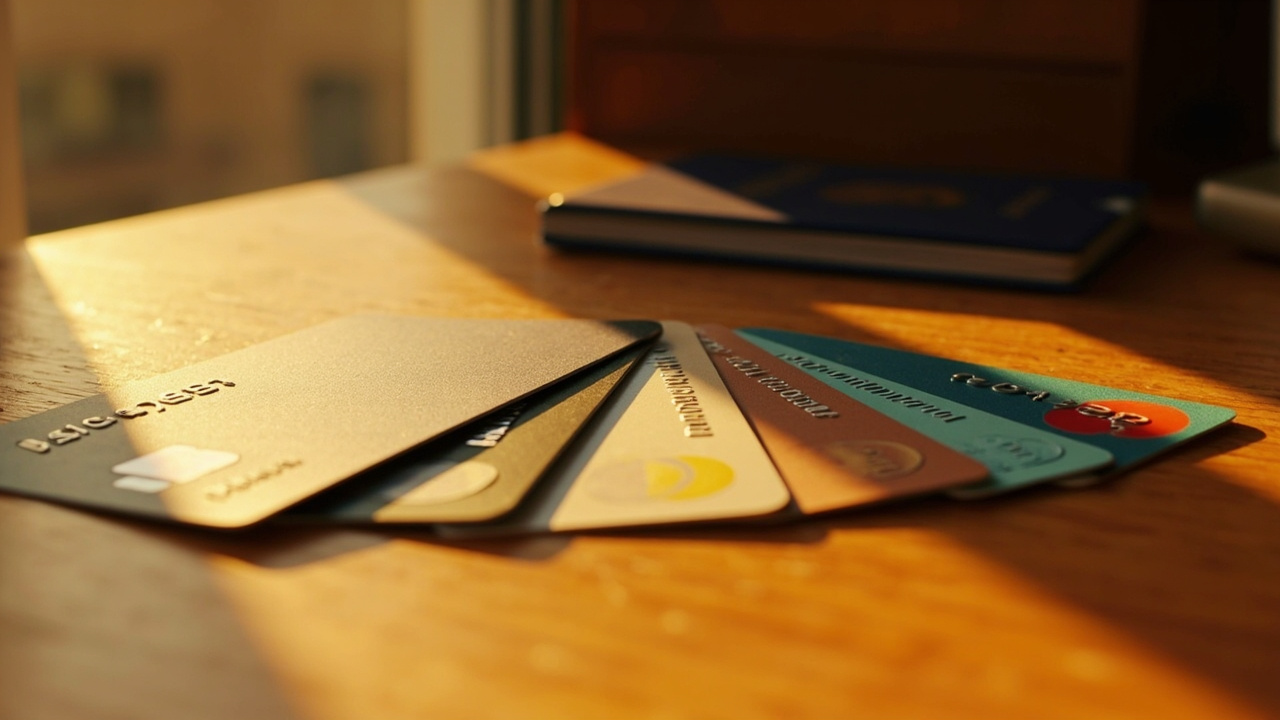 Close-up of four generic credit and debit cards fanned across a warm wooden desk beside a blue US passport at golden hour