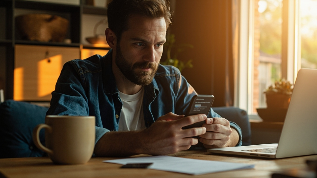 American traveler in their thirties holding a smartphone showing a clean generic digital-wallet payment screen beside a laptop in a sunlit US home