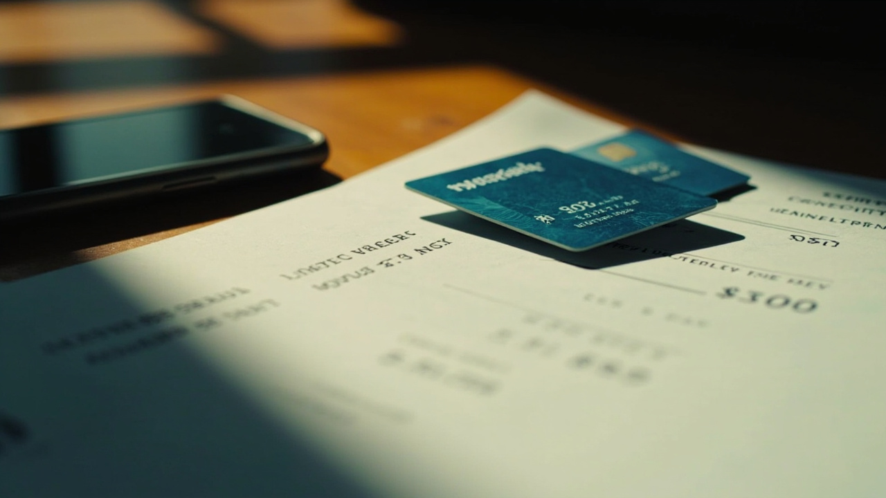 Close-up of a generic US card resting on a printed bank statement showing two clean charge lines in dollars on a warm wooden desk