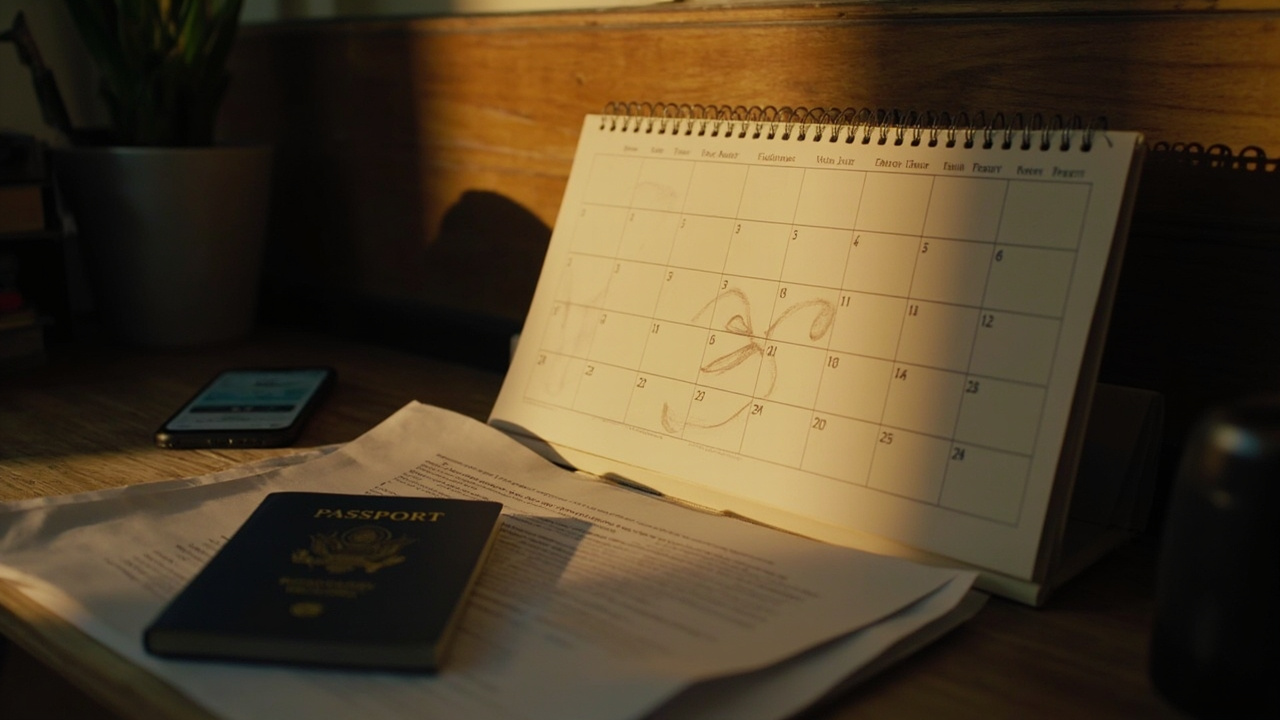 A wall calendar with November 2025 circled beside a blue US passport and a printed eVisa PDF on a warm wooden desk in golden-hour light