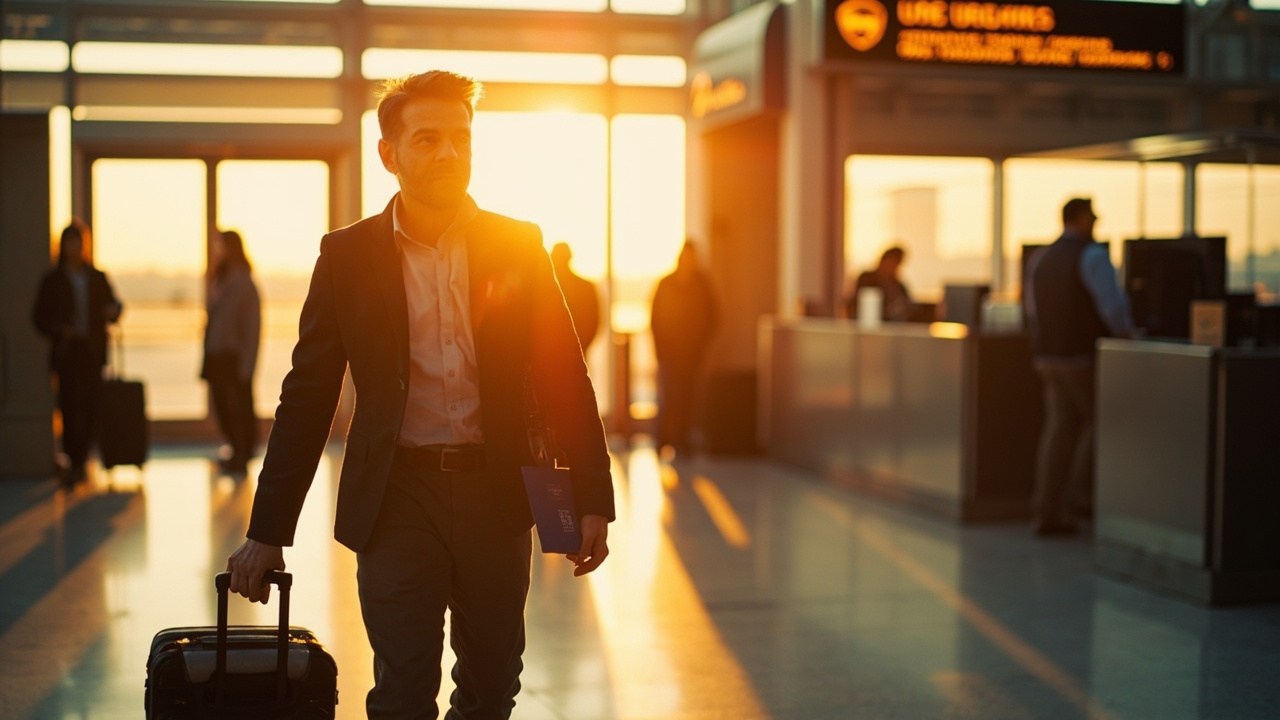 An American traveler calmly leaving an airport counter holding a blue US passport at golden hour, with a soft-focus terminal behind