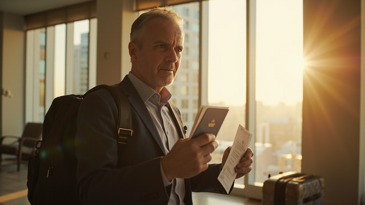 An American business traveler with a laptop bag standing in a sunlit modern apartment, holding a blue US passport and a folded printout for a long stay
