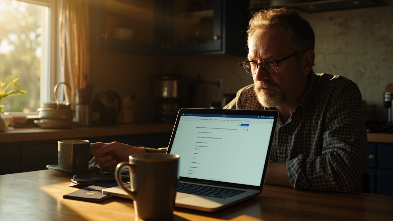 An American traveler in their late 30s re-applying for an eVisa on a laptop at a sunlit kitchen table, with a blue US passport beside the keyboard