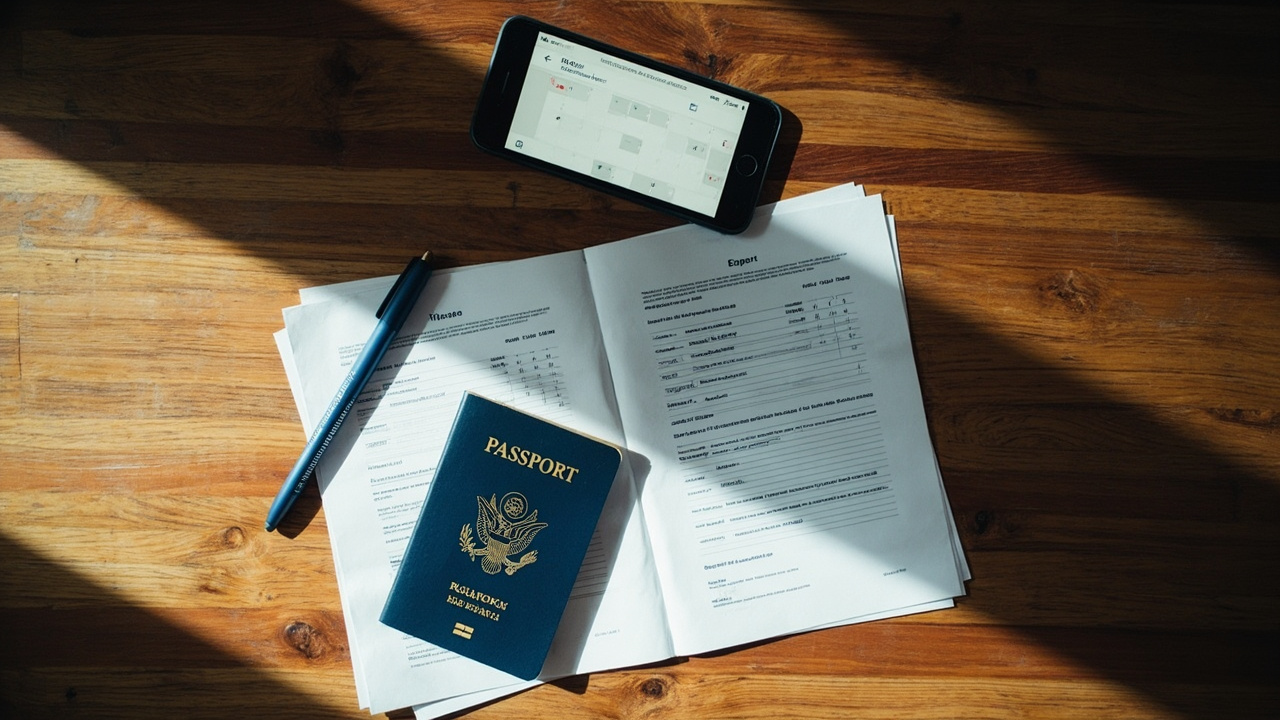 Overhead flat-lay of a blue US passport beside two folded eVisa printouts and a phone showing a generic calendar, on a warm wooden desk