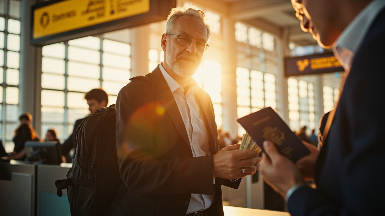 American traveler in their forties calmly handing a blue US passport and cash across a soft-focus airport departure Immigration counter at golden hour