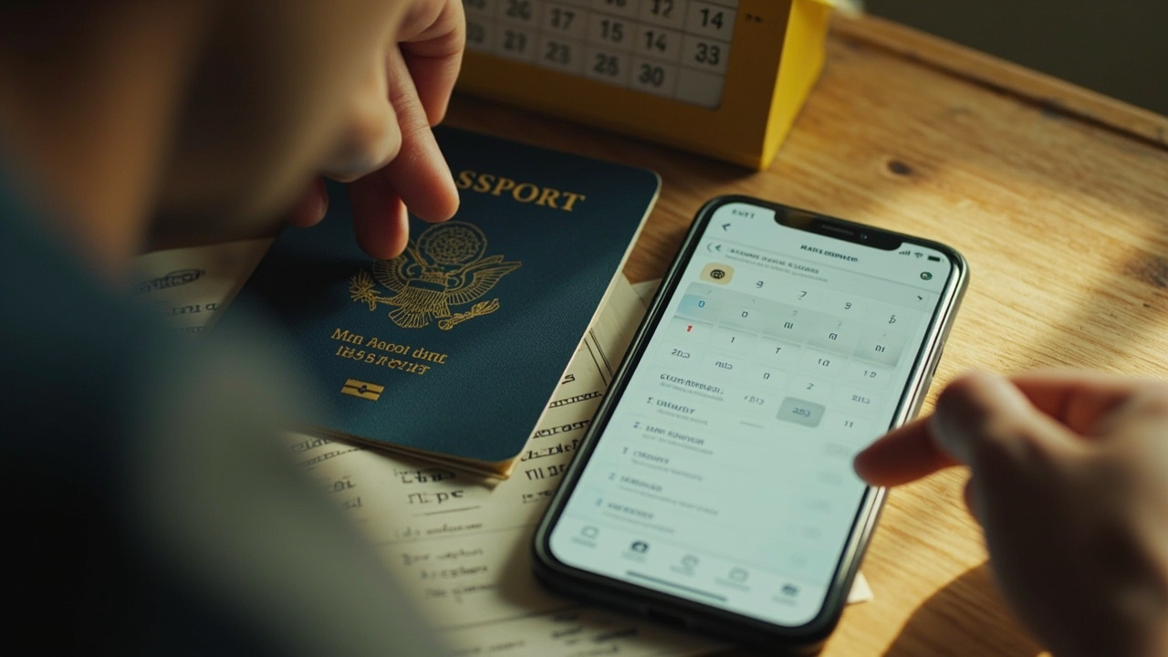 Overhead close-up of an open blue US passport beside a small desk calendar and a smartphone showing a generic calendar reminder on a warm wooden desk