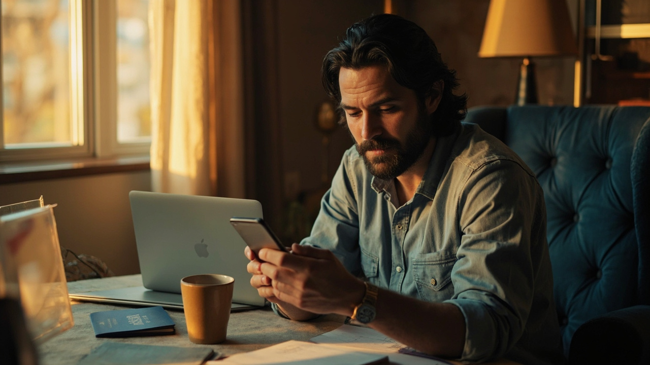 American traveler at a sunlit home desk setting a phone reminder beside an open laptop, a blue US passport, and a coffee mug