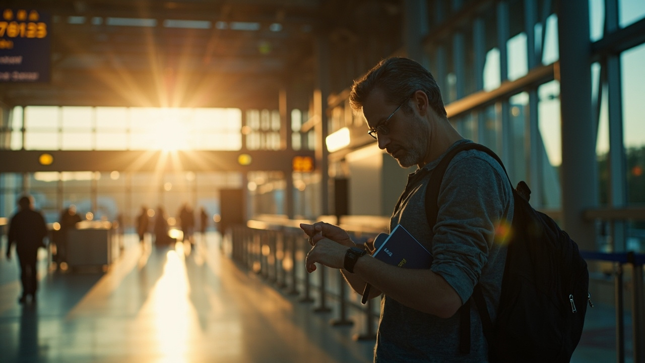 American traveler with a backpack checking a wristwatch with a concerned expression in a soft-focus airport terminal at golden hour